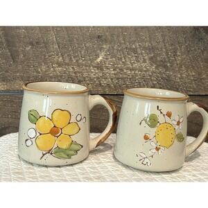 Vintage Hand-Painted Mug Lemon & Floral Speckled Pottery Norleans (Korea) Set